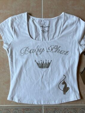 Baby Phat White Rhinestone Script Tee with Crown Accent Juniors